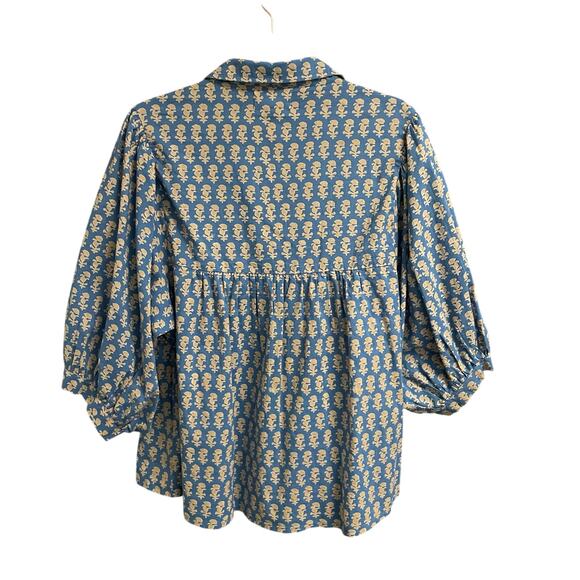 Sohana Collar Top Blue Tan Print Puff Sleeves Womens Size Medium - Picture 6 of 7